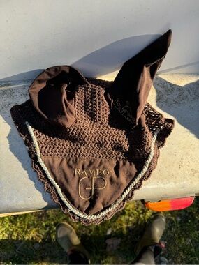Rambo GP Brown Crochet Ear Bonnet Horse Wear